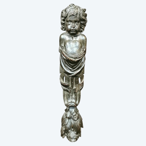 Cariatide En Chêne Sculpté à Tête d'Ange