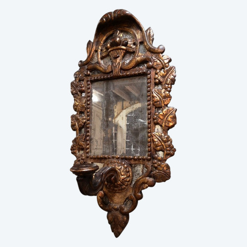 Italian Mirror With Arms Of Light In Carved And Gilded Wood. 18th century period