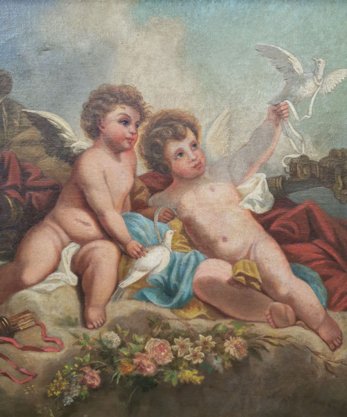 Olio su tela - "Due putti con colombe"
