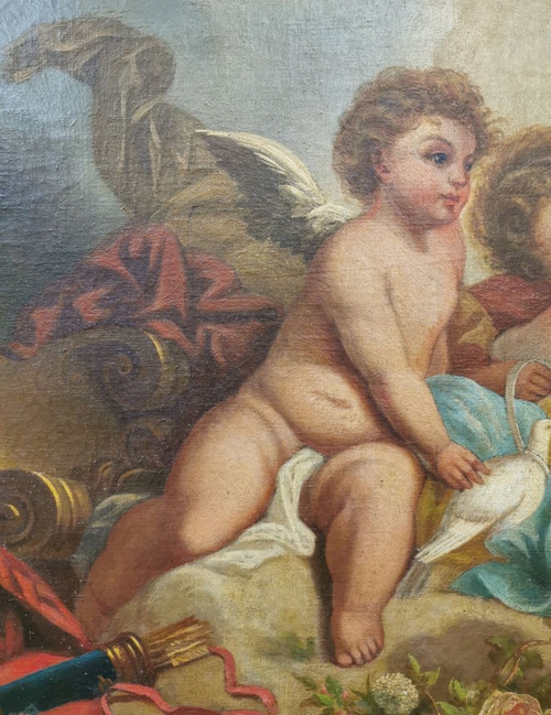 Olio su tela - "Due putti con colombe"