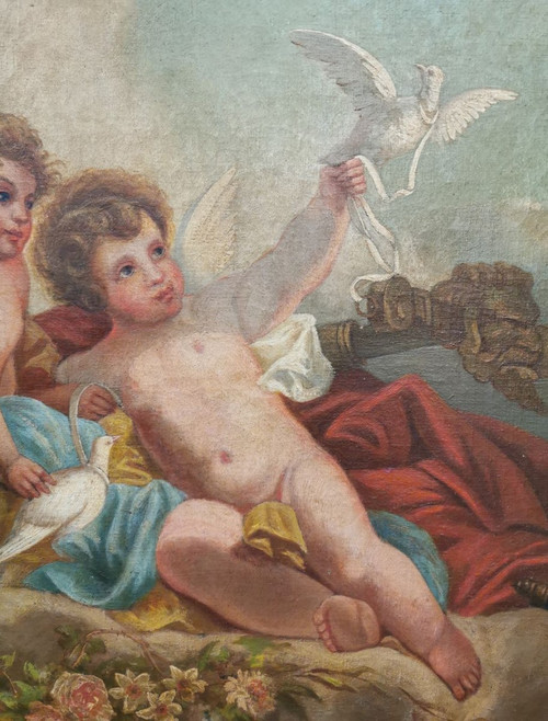 Olio su tela - "Due putti con colombe"