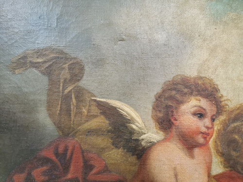 Olio su tela - "Due putti con colombe"