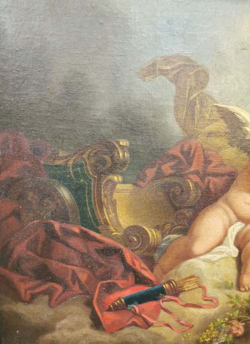 Olio su tela - "Due putti con colombe"