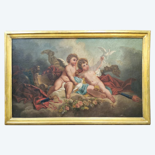 Olio su tela - "Due putti con colombe"