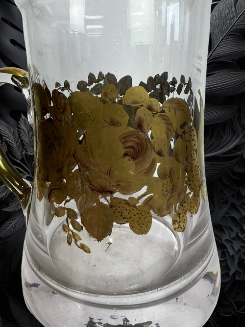 CRYSTAL PITCHER WITH HANDLE SIGNED “DAUM” WITH FLORAL DECORATION WITH SUPERB GILDING