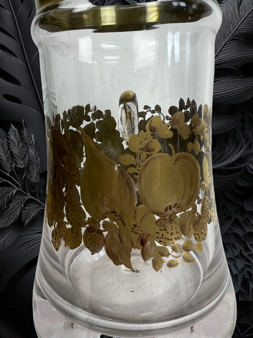 CRYSTAL PITCHER WITH HANDLE SIGNED “DAUM” WITH FLORAL DECORATION WITH SUPERB GILDING