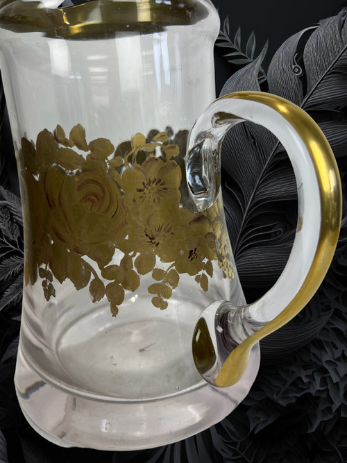 CRYSTAL PITCHER WITH HANDLE SIGNED “DAUM” WITH FLORAL DECORATION WITH SUPERB GILDING