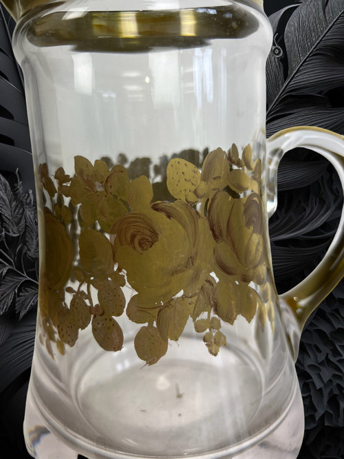 CRYSTAL PITCHER WITH HANDLE SIGNED “DAUM” WITH FLORAL DECORATION WITH SUPERB GILDING