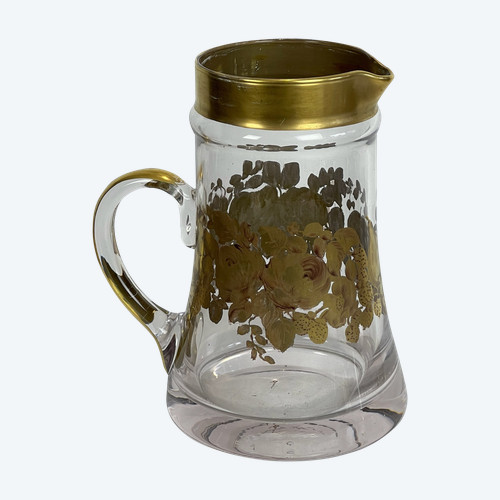 CRYSTAL PITCHER WITH HANDLE SIGNED “DAUM” WITH FLORAL DECORATION WITH SUPERB GILDING