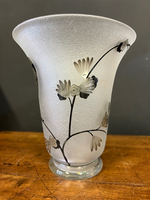 Vase Daum Nancy Frankreich - Oiseau Branché Réserve mit Säure, verstärkt mit schwarzer Emaille