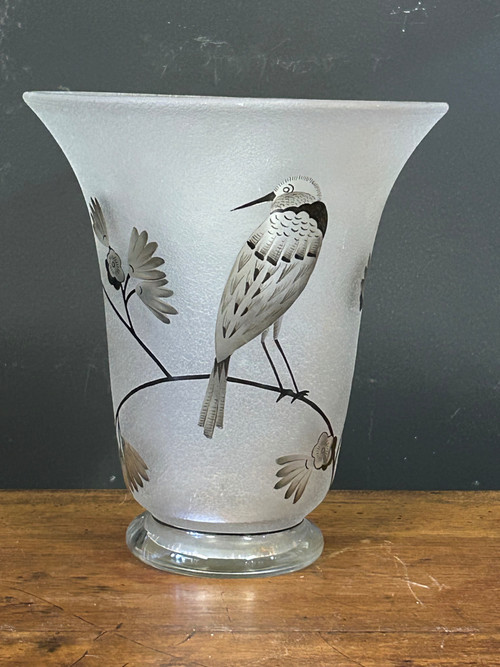 Vase Daum Nancy Frankreich - Oiseau Branché Réserve mit Säure, verstärkt mit schwarzer Emaille