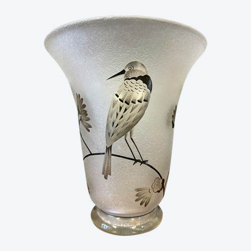 Vase Daum Nancy Frankreich - Oiseau Branché Réserve mit Säure, verstärkt mit schwarzer Emaille