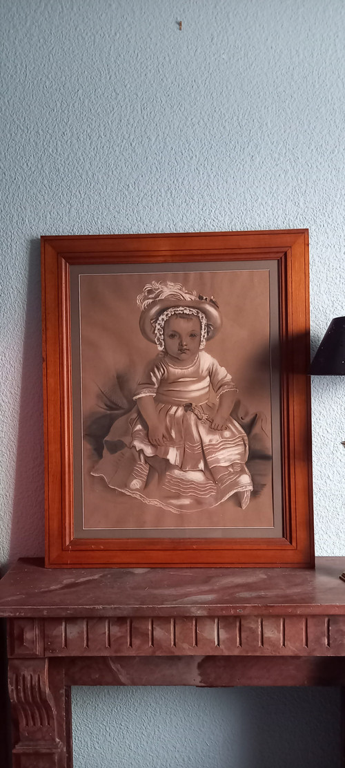 Large drawing of a little girl with a rattle by Punchinelle / 19th century