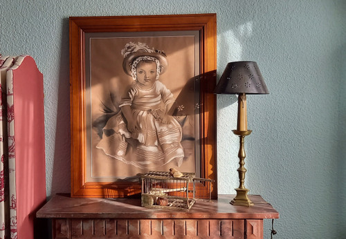 Large drawing of a little girl with a rattle by Punchinelle / 19th century