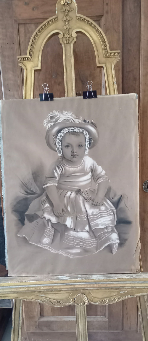 Large drawing of a little girl with a rattle by Punchinelle / 19th century