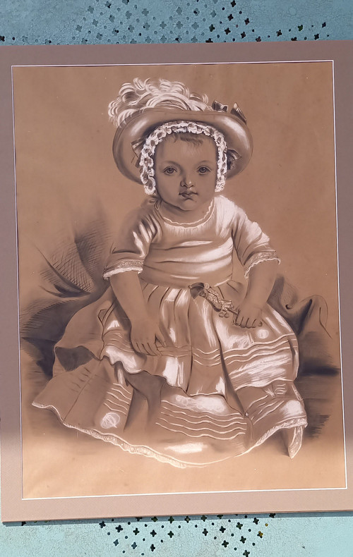 Large drawing of a little girl with a rattle by Punchinelle / 19th century