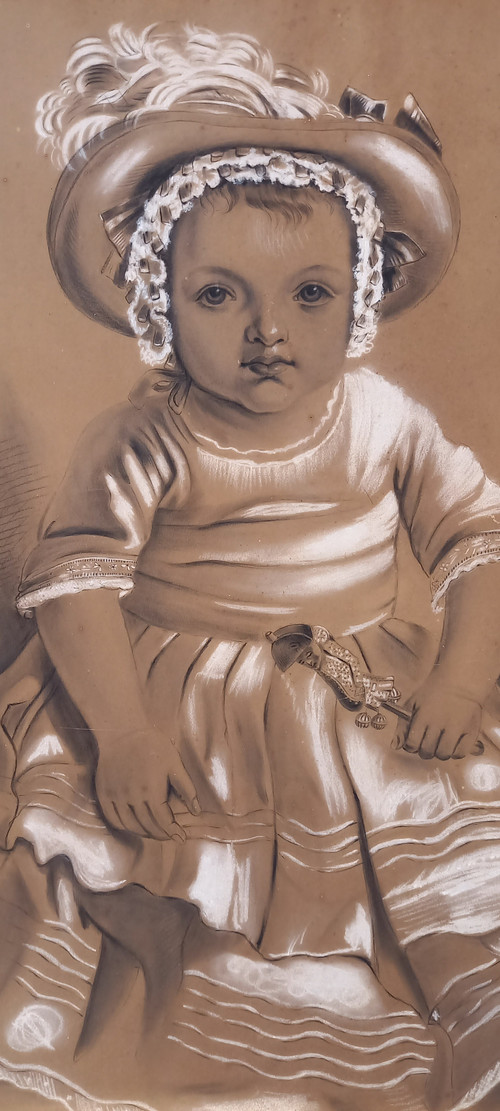 Large drawing of a little girl with a rattle by Punchinelle / 19th century