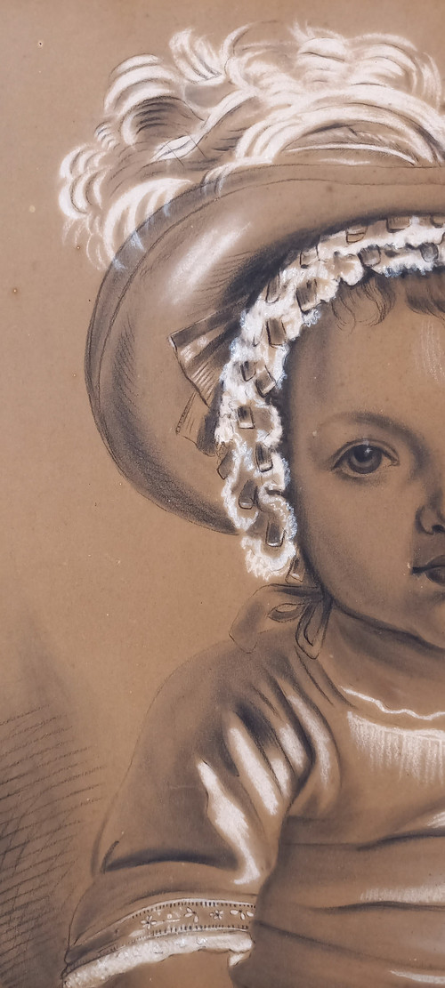 Large drawing of a little girl with a rattle by Punchinelle / 19th century