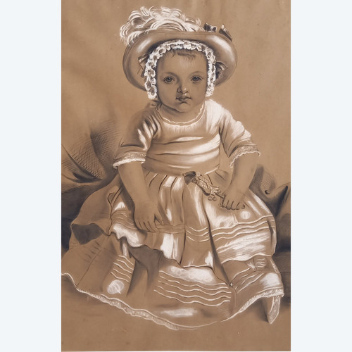 Large drawing of a little girl with a rattle by Punchinelle / 19th century