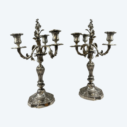 Pair of silver-plated bronze candelabra with rocaille decoration and 3 light arms