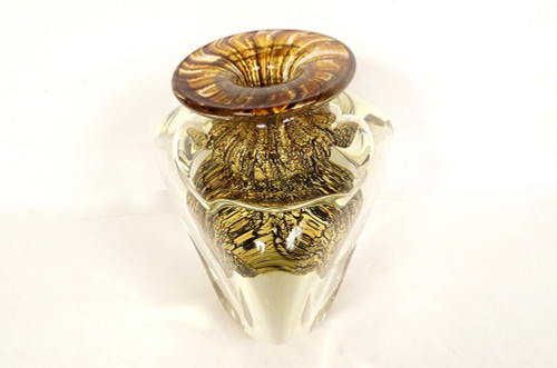 Vase Triangulaire Jean-Claude Novaro Verre Soufflé Feuilles d'Or 1983 XXème