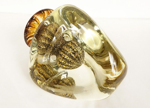 Vase Triangulaire Jean-Claude Novaro Verre Soufflé Feuilles d'Or 1983 XXème