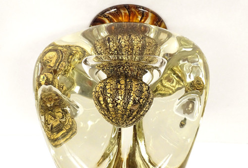 Vase Triangulaire Jean-Claude Novaro Verre Soufflé Feuilles d'Or 1983 XXème