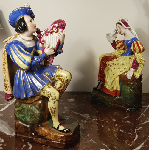 Jacob Petit - rare pair of large troubadour bottles - porcelain - Restoration period, Louis Philippe