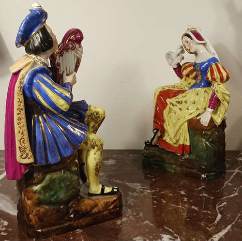 Jacob Petit - rare pair of large troubadour bottles - porcelain - Restoration period, Louis Philippe