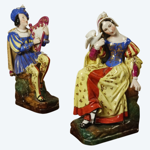 Jacob Petit - rare pair of large troubadour bottles - porcelain - Restoration period, Louis Philippe