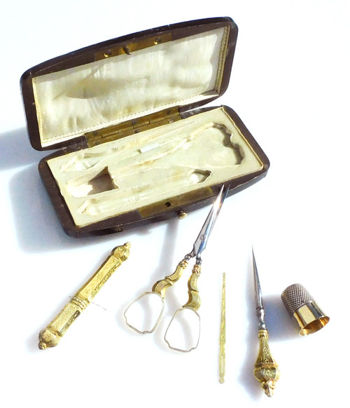 Antique Gold Silver Vermeil Sewing Set In A Napoleon III Tortoise Shell Box