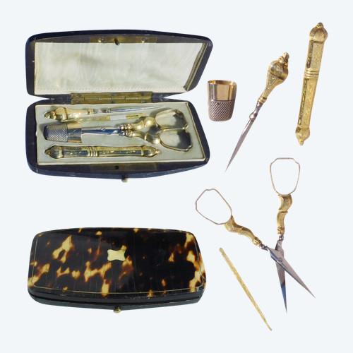 Antique Gold Silver Vermeil Sewing Set In A Napoleon III Tortoise Shell Box
