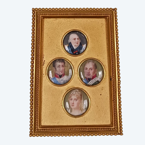 France, Restoration period - suite of 4 royalist miniatures - royal family - modern frame