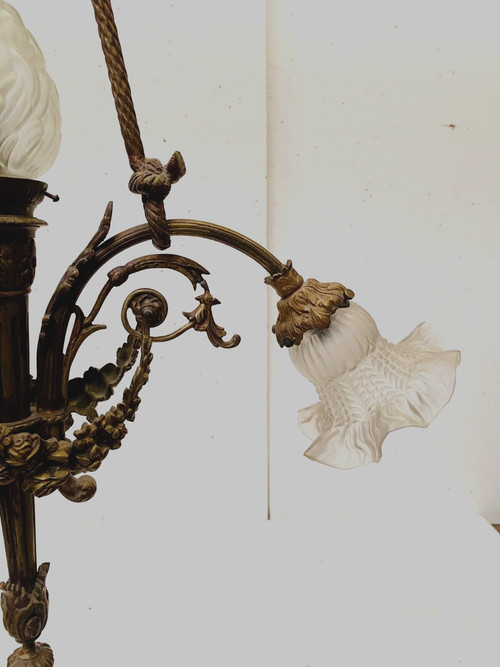 Louis XVI style chandelier in bronze and frosted glass XX century