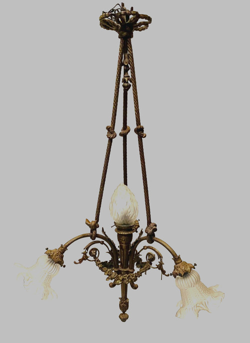 Louis XVI style chandelier in bronze and frosted glass XX century