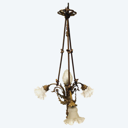 Louis XVI style chandelier in bronze and frosted glass XX century