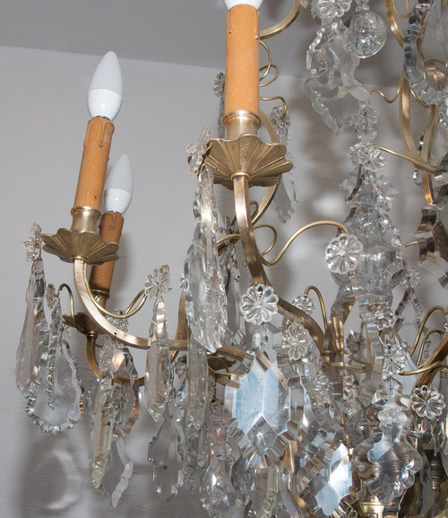 Lampadario a gabbia in bronzo e cristallo in stile Luigi XV, circa 1880