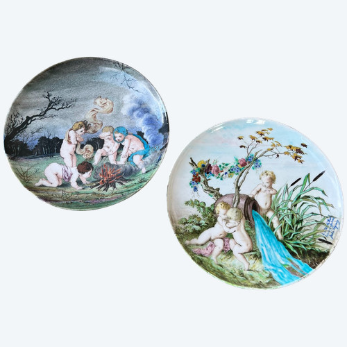 Coppia di grandi piatti - Firmati Théodore Deck - Porcellana di Sèvres - 1867