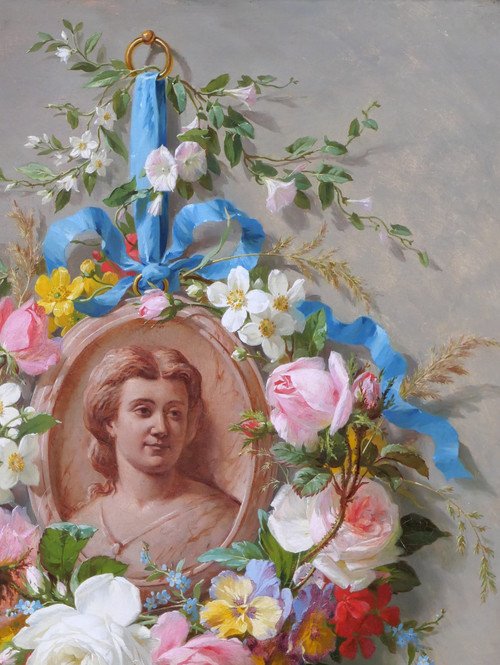 Marius VASSELON 1841-1924 Sommerblumenstillleben mit Frauenporträt, Gemälde, 1864