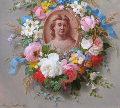Marius VASSELON 1841-1924 Sommerblumenstillleben mit Frauenporträt, Gemälde, 1864