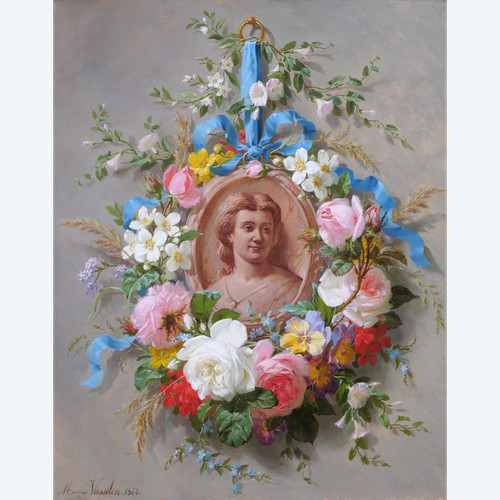 Marius VASSELON 1841-1924 Sommerblumenstillleben mit Frauenporträt, Gemälde, 1864