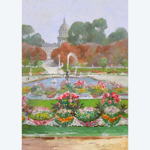 Gaston Gérard 1859-? Paris, the Luxembourg Gardens and the Pantheon, painting, circa 1885-90