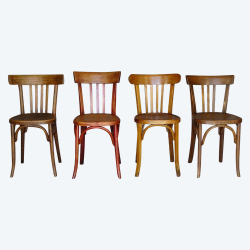Réunion de 4 chaises bistrot bois courbé, de 1935 à 1955 - Baumann - Fischel -