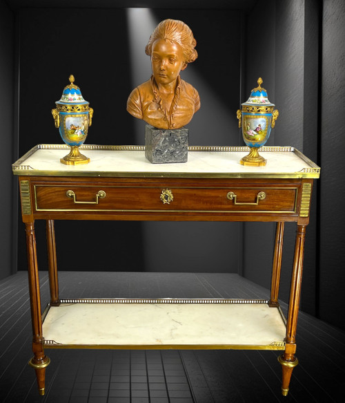 DESSERTE XVIIIe EPOQUE LOUIS IN ACAJOU BRONZE VERGOLDET A 2 PLATTEN BLANC MARBRE