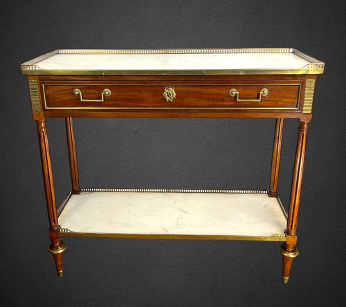 DESSERTE XVIIIe EPOQUE LOUIS IN ACAJOU BRONZE VERGOLDET A 2 PLATTEN BLANC MARBRE