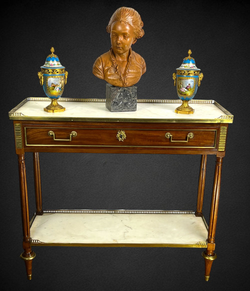 DESSERTE XVIIIe EPOQUE LOUIS IN ACAJOU BRONZE VERGOLDET A 2 PLATTEN BLANC MARBRE