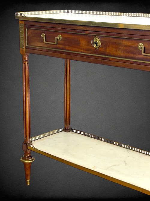 DESSERTE XVIIIe EPOQUE LOUIS IN ACAJOU BRONZE VERGOLDET A 2 PLATTEN BLANC MARBRE