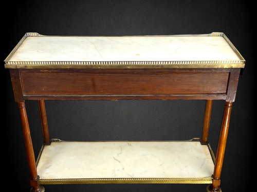 DESSERTE XVIIIe EPOQUE LOUIS IN ACAJOU BRONZE VERGOLDET A 2 PLATTEN BLANC MARBRE