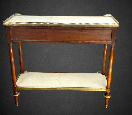 DESSERTE XVIIIe EPOQUE LOUIS IN ACAJOU BRONZE VERGOLDET A 2 PLATTEN BLANC MARBRE