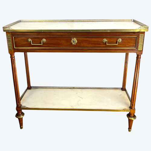 DESSERTE XVIIIe EPOQUE LOUIS IN ACAJOU BRONZE VERGOLDET A 2 PLATTEN BLANC MARBRE